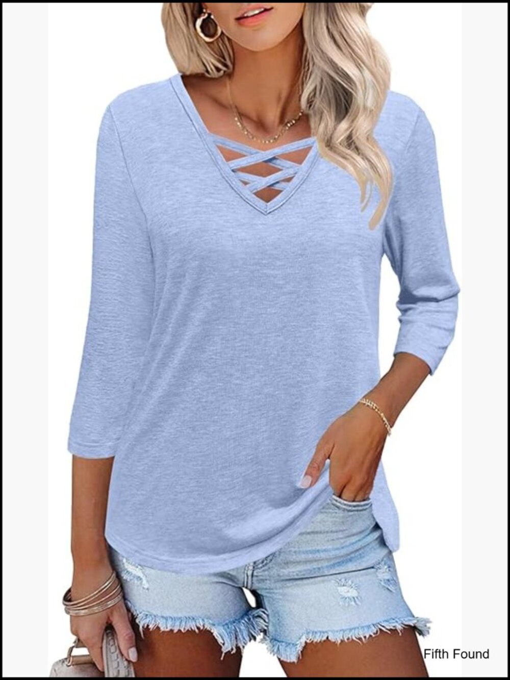 3/4 Sleeve V Neck Tunic Blouse Criss Cross Casual Loose Fit Top